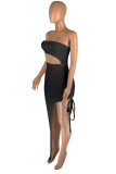 Pink Sexy Solid Hollowed Out Patchwork Slit Strapless Straight Dresses