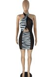 Black And White Sexy Print Hollowed Out Patchwork See-through Halter Pencil Skirt Dresses