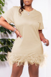 Khaki Fashion Casual Solid Patchwork Feathers O Neck Straight Dresses