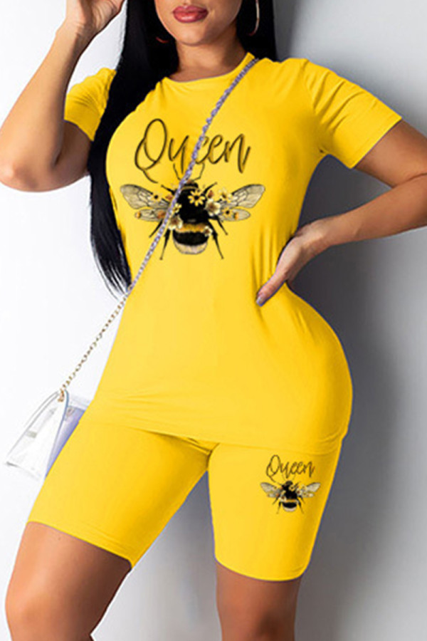 Yellow Fashion Casual Print Basic O Neck Short Sleeve Two Pieces