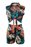 Multicolor Fashion Casual Print Bandage Turndown Collar Sleeveless Two Pieces