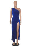 Blue Fashion Sexy Solid Backless Slit Oblique Collar Sleeveless Dress