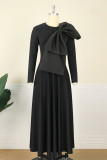 Black Fashion Casual Solid Patchwork With Bow O Neck Long Sleeve Dresses