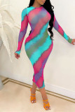 Blue Fashion Sexy Print Basic O Neck Long Sleeve Dresses