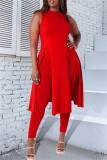Rose Red Fashion Casual Solid Slit O Neck Sleeveless Two Pieces