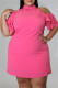 Rose Red Fashion Casual Plus Size Solid Hollowed Out Turtleneck Short Sleeve Dress