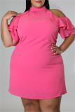 Black Fashion Casual Plus Size Solid Hollowed Out Turtleneck Short Sleeve Dress