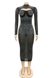 Black Fashion Sexy Patchwork Hot Drilling Hollowed Out See-through Half A Turtleneck Long Sleeve Dresses