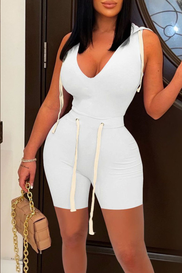 White Sexy Street Solid Bandage Patchwork Hooded Collar Sleeveless Two Pieces