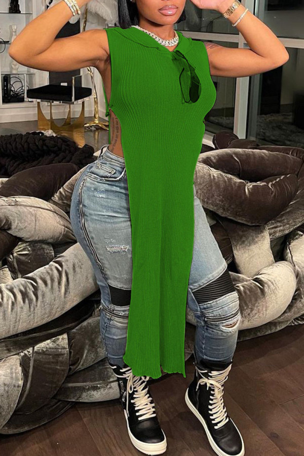 Green Sexy Solid Hollowed Out Patchwork Slit Hooded Collar Straight Dresses