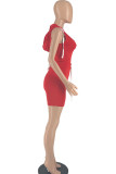 Red Sexy Street Solid Bandage Patchwork Hooded Collar Sleeveless Two Pieces