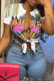 Red Blue Sexy Print Tassel Bandage Patchwork T-Shirts