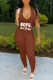 Coffee Fashion Casual Letter Print Backless Halter Skinny Jumpsuits