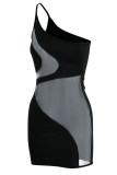 Light Blue Sexy Solid Patchwork See-through Oblique Collar Pencil Skirt Dresses