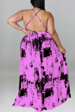 Purple Sexy Print Patchwork Slit Spaghetti Strap Sling Dress Plus Size Dresses