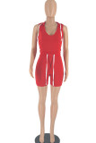 Red Sexy Street Solid Bandage Patchwork Hooded Collar Sleeveless Two Pieces