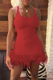 Red Sexy Solid Patchwork Feathers U Neck One Step Skirt Dresses