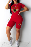 Red Fashion Casual Print Basic O Neck Short Sleeve Two Pieces