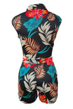 Multicolor Fashion Casual Print Bandage Turndown Collar Sleeveless Two Pieces