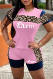 Pink Fashion Casual Letter Print Basic O Neck Short Sleeve Two Pieces