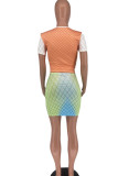 Orange Green Sexy Print Patchwork O Neck Short Sleeve Two Pieces
