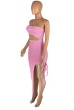 Pink Sexy Solid Hollowed Out Patchwork Slit Strapless Straight Dresses