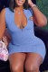 Light Blue Fashion Casual Print Letter Zipper Collar One Step Skirt Dresses
