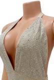 Apricot Sexy Solid Bandage Patchwork Backless Hot Drill Halter Regular Bodysuits