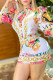 White Fashion Vintage Print Patchwork Turndown Collar Long Sleeve Two Pieces