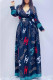 Navy Blue Fashion Casual Print Patchwork V Neck Long Dress Dresses