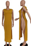 Yellow Sexy Solid Hollowed Out Patchwork Slit Hooded Collar Straight Dresses