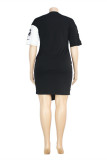 Black White Fashion Plus Size Print Patchwork Zipper O Neck Short Sleeve Dress