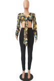 Black Fashion Casual adult Patchwork Print asymmetrical Two Piece Suits pencil Long Sleeve Two Pieces