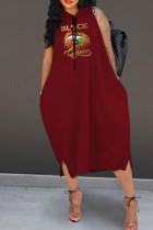 Burgundy Casual Print Patchwork Hooded Collar Straight Dresses