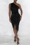 Black Fashion Sexy Solid Backless Asymmetrical Oblique Collar Sleeveless Dress