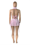 Pink Fashion Sexy Striped Print Bandage Backless Swimwears Three-piece Set (Without Paddings)