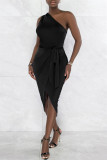 Black Fashion Sexy Solid Backless Asymmetrical Oblique Collar Sleeveless Dress
