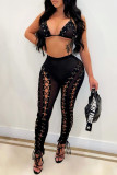 Yellow Fashion Sexy Solid Bandage Hollowed Out See-through Backless Halter Sleeveless Two Pieces