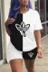 Black And White Fashion Casual Print Patchwork O Neck Short Sleeve Two Pieces