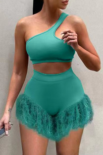 Blue Fashion Sexy Solid Patchwork Backless One Shoulder Two Pieces
