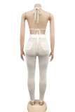 Yellow Fashion Sexy Solid Bandage Hollowed Out See-through Backless Halter Sleeveless Two Pieces