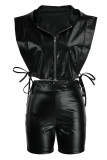 Black Fashion Sexy Solid Bandage Patchwork Zipper Hooded Collar Sleeveless Two Pieces