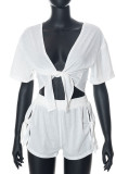 White Sexy Solid Bandage Patchwork V Neck Short Sleeve Two Pieces