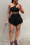 Blue Fashion Sexy Solid Patchwork Backless One Shoulder Two Pieces