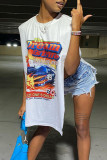 White Sexy Print Patchwork Slit O Neck T-Shirts