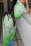 Fluorescent Green Fashion Casual Gradual Change Striped Print Patchwork Turndown Collar Short Sleeve Two Pieces