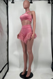 Pink Fashion Sexy Solid Patchwork Backless One Shoulder Two Pieces