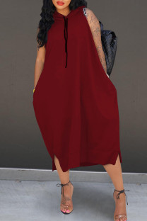 Burgundy Casual Solid Patchwork Hooded Collar Straight Dresses