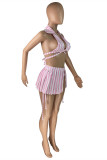 Pink Fashion Sexy Striped Print Bandage Backless Swimwears Three-piece Set (Without Paddings)