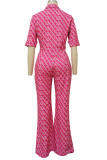 Pink Fashion Casual Print Patchwork Buckle Turndown Collar Straight Jumpsuits(Without Belt)